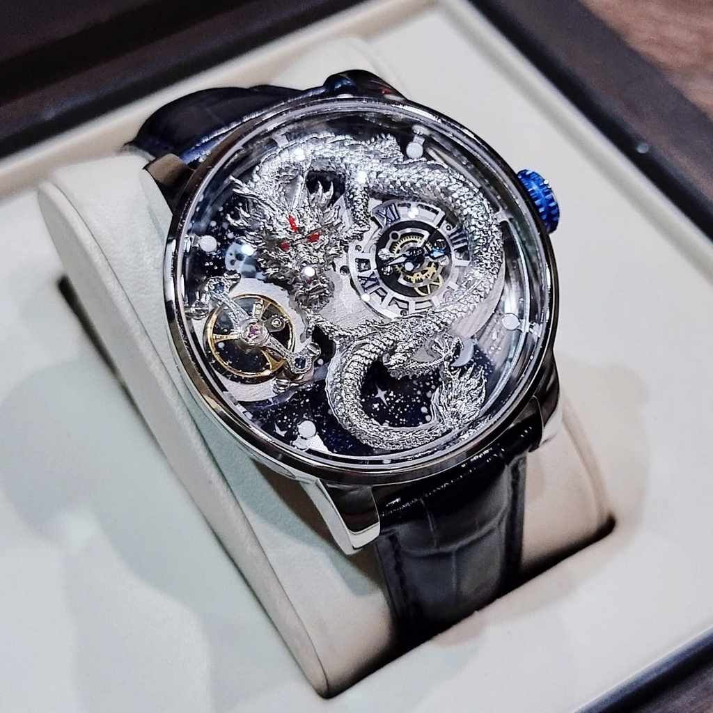 Đồng Hồ Nam Hanboro Automatic Dây Da Xanh Đậm Vỏ Silver Mặt Rồng Size 44mm HBR1018