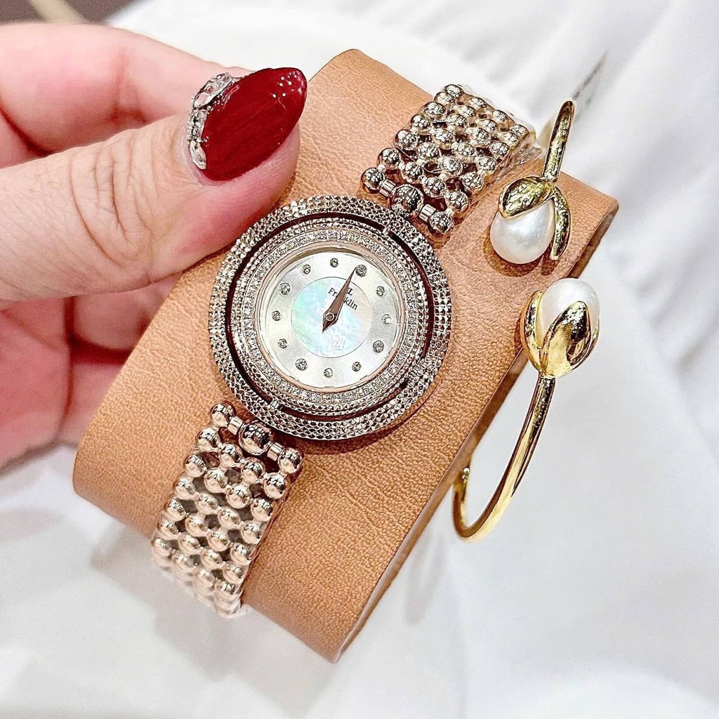 Đồng Hồ Nữ Franklin FL5488 Dây Thép Vàng Hồng Mặt Xà Cừ Trắng Size 32mm Mặt Xoay 360 Độ