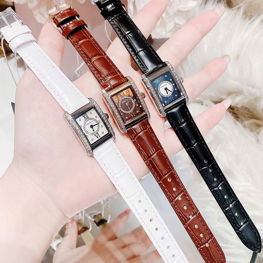 Set Đồng Hồ Nữ Roberto Era Dây Da Nâu Mặt Chữ Nhật Size 28mm Viền Mặt Đính Đá Vỏ Rose Gold RE350