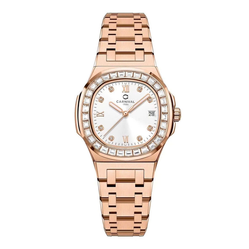 Đồng Hồ Nữ Carnival 8160L2-VH-T Vàng Hồng Mặt Trắng Viền Đá Size 34mm Sapphire