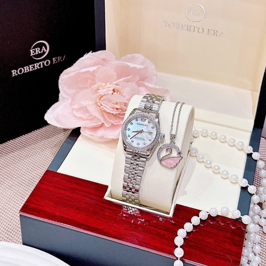 Đồng Hồ Nữ Roberto Era Dây Thép Silver Mặt Xà Cừ Trắng Viền Đá Size 28mm Roberto Era RE120