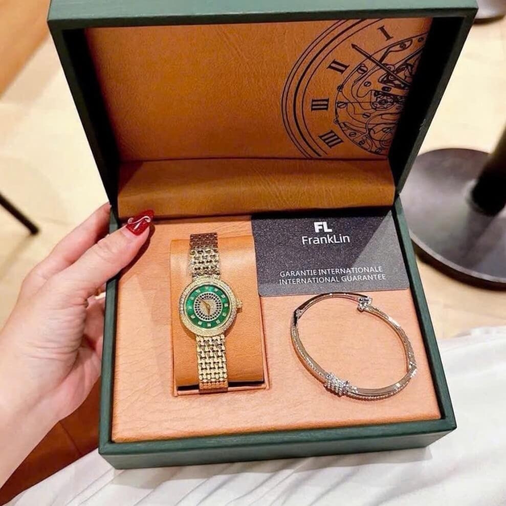 Đồng Hồ Nữ Franklin FL5688 Chính Hãng Dây Thép Vàng Gold Mặt Xanh Lá Size 29mm Viền Đá Tặng Kèm Lắc Tay