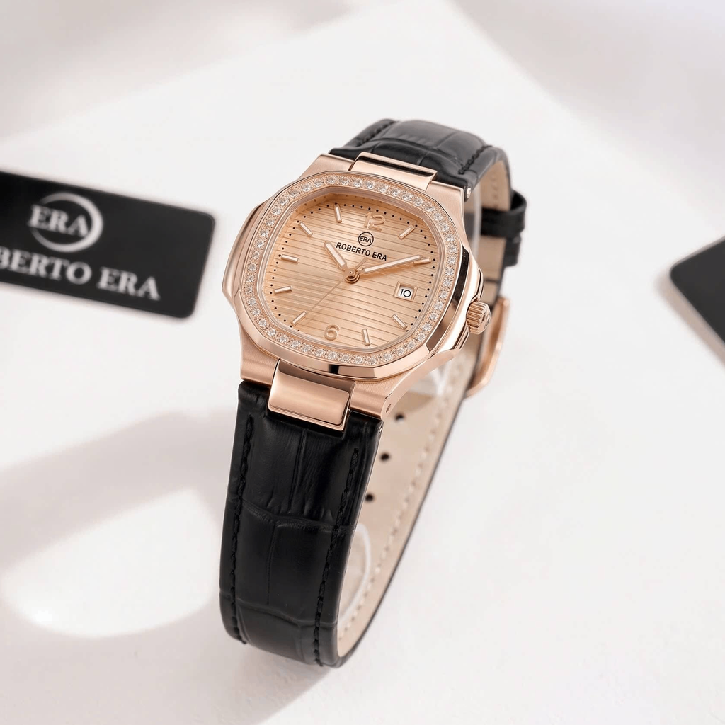 Đồng Hồ Nữ Roberto Era Chính Hãng Dây Da Đen Mặt Vàng Hồng Size 20x30mm RE1500R