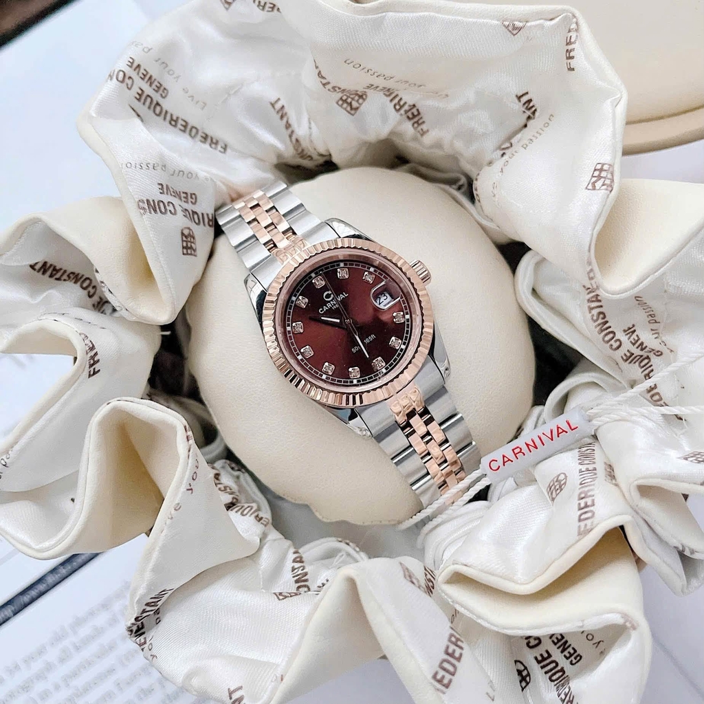 Đồng Hồ Nữ Carnival 8131L-CH-N Demi Vàng Hồng Mặt Nâu Size 30mm Quartz Japan