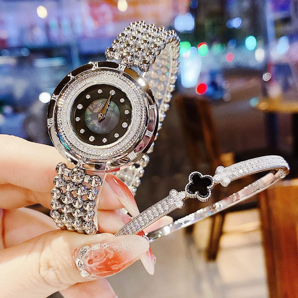 Đồng Hồ Nữ Franklin Dây Thép Silver Mặt Xà Cừ Đen Xoay 360 Độ Size 32mm FL5488 Tặng Kèm Vòng Tay