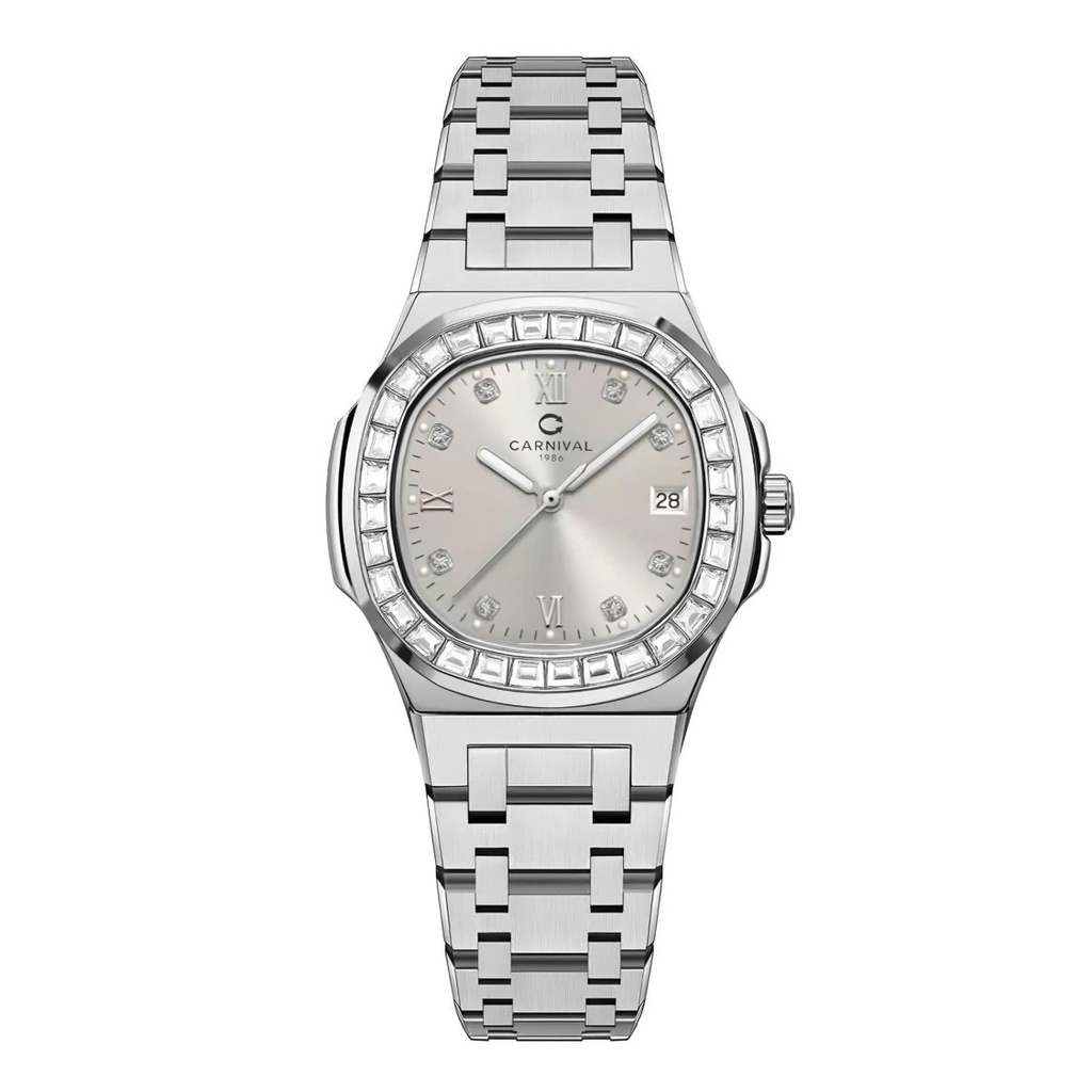Đồng Hồ Nữ Carnival 8160L2-VT-TX Dây Thép Silver Mặt Xám Viền Đá Size 34mm Sapphire