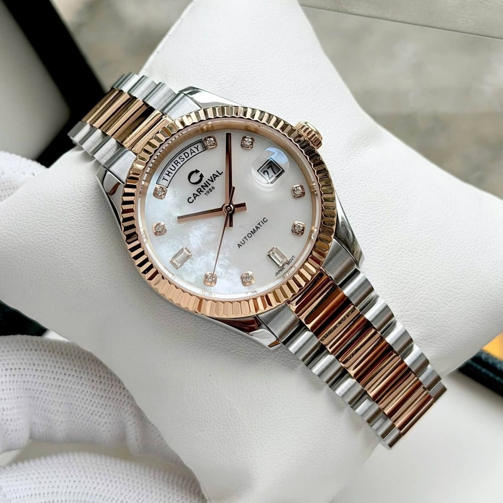 Đồng Hồ Nam Carnival 8239G-CH-TK Automatic Demi Vàng Hồng Mặt Xà Cừ Trắng Size 38mm Chính Hãng