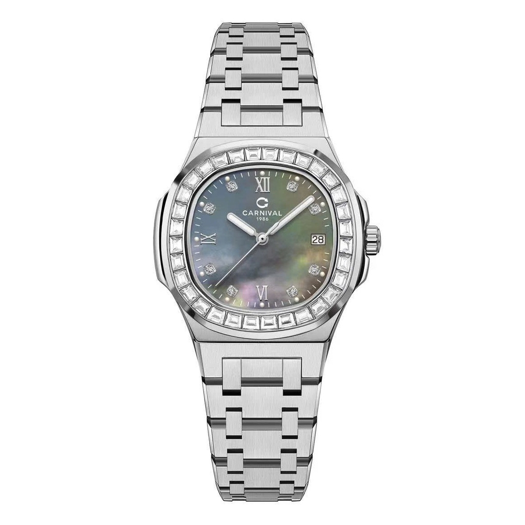 Đồng Hồ Nữ Carnival 8160L2-VT-DK Dây Thép Silver Mặt Xà Cừ Xám Viền Đá Size 34mm Sapphire
