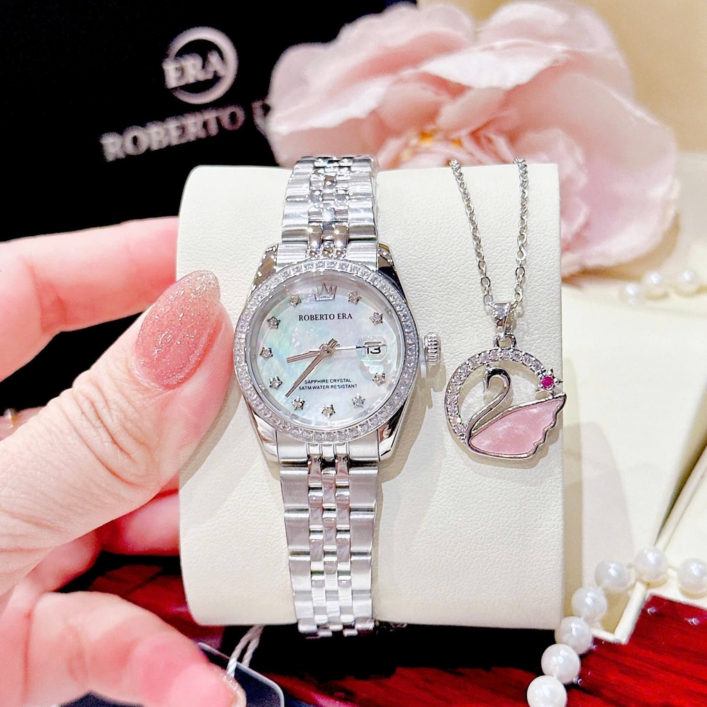 Đồng Hồ Nữ Roberto Era Dây Thép Silver Mặt Xà Cừ Trắng Viền Đá Size 28mm Roberto Era RE120