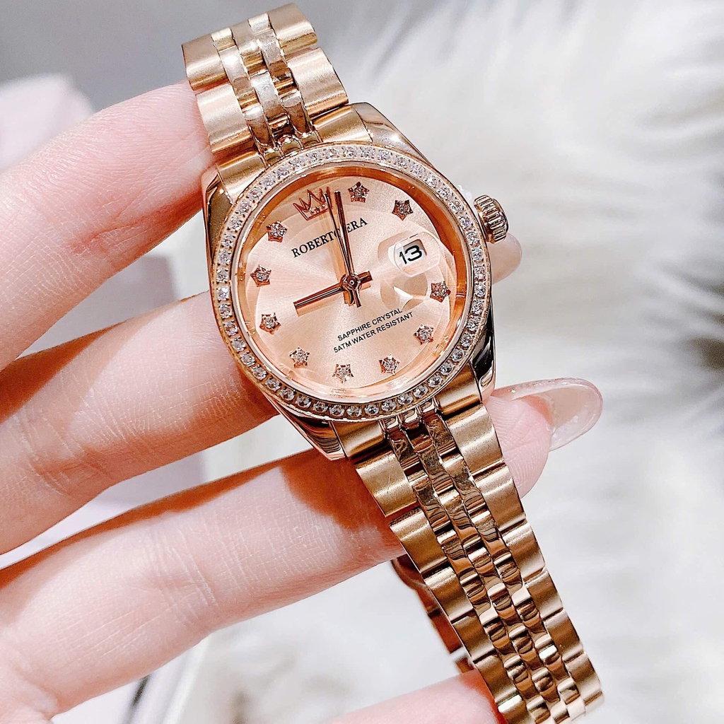 Đồng Hồ Nữ Roberto Era Dây Thép Vàng Hồng Viền Đá Size 28mm Roberto Era RE120
