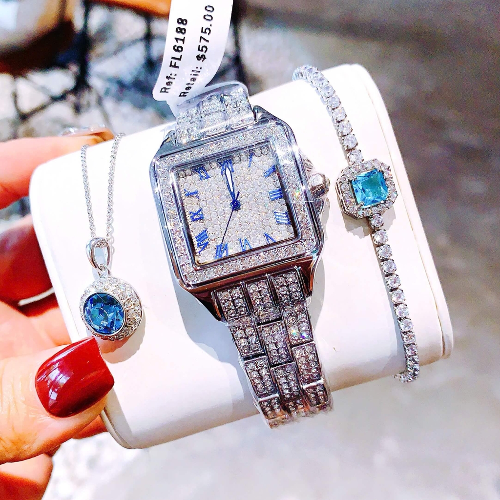 Đồng Hồ Nữ Franklin Đính Đá Chính Hãng Mặt Vuông Size 34mm Kim Xanh Quartz FL6188