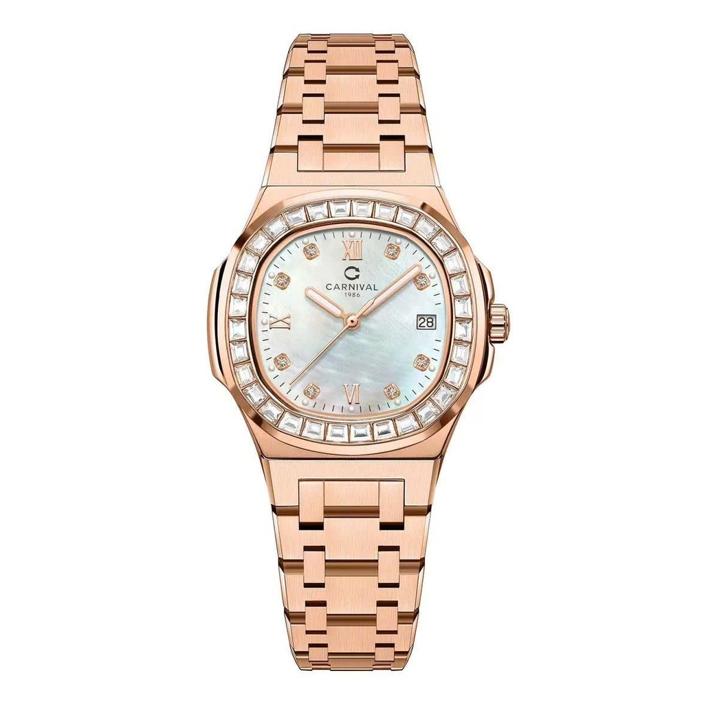 Đồng Hồ Nữ Carnival 8160L2-VH-TK Vàng Hồng Mặt Xà Cừ Trắng Viền Đá Size 34mm Sapphire