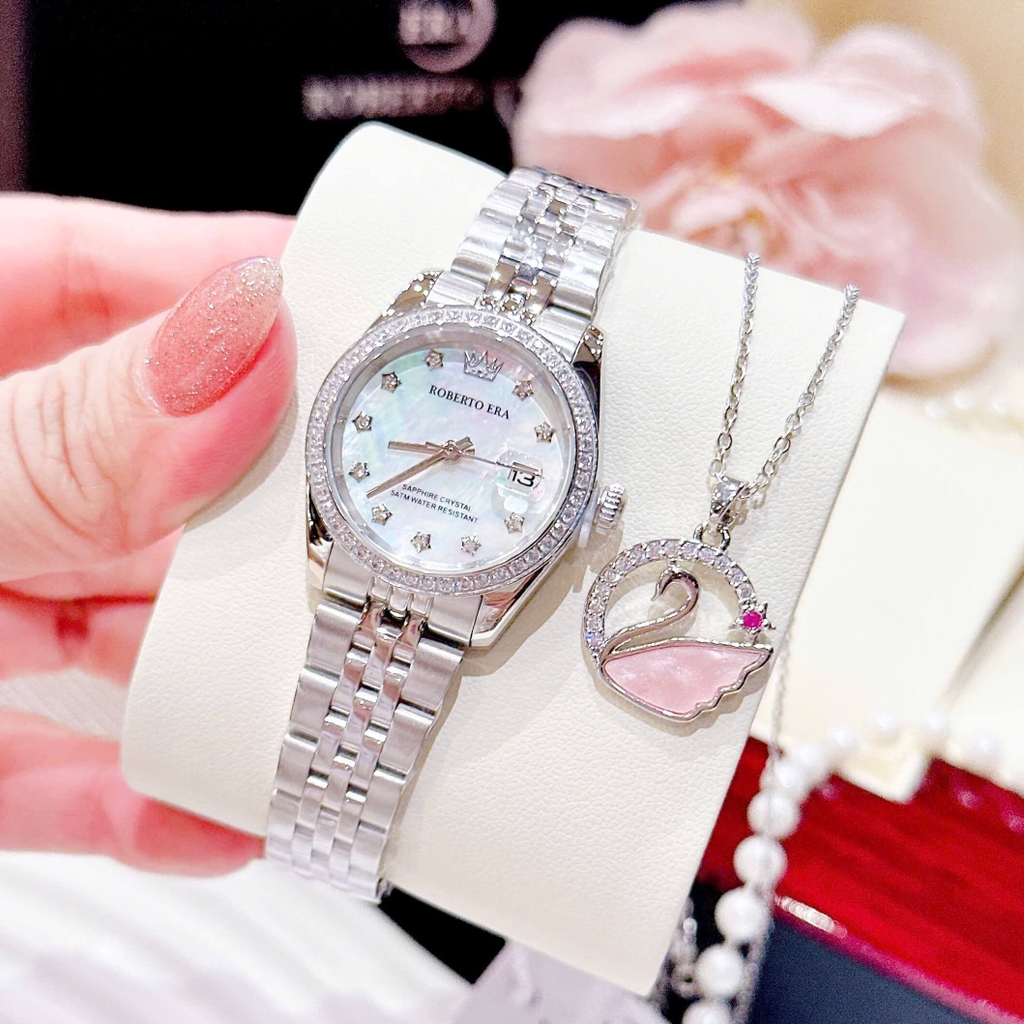 Đồng Hồ Nữ Roberto Era Dây Thép Silver Mặt Xà Cừ Trắng Viền Đá Size 28mm Roberto Era RE120