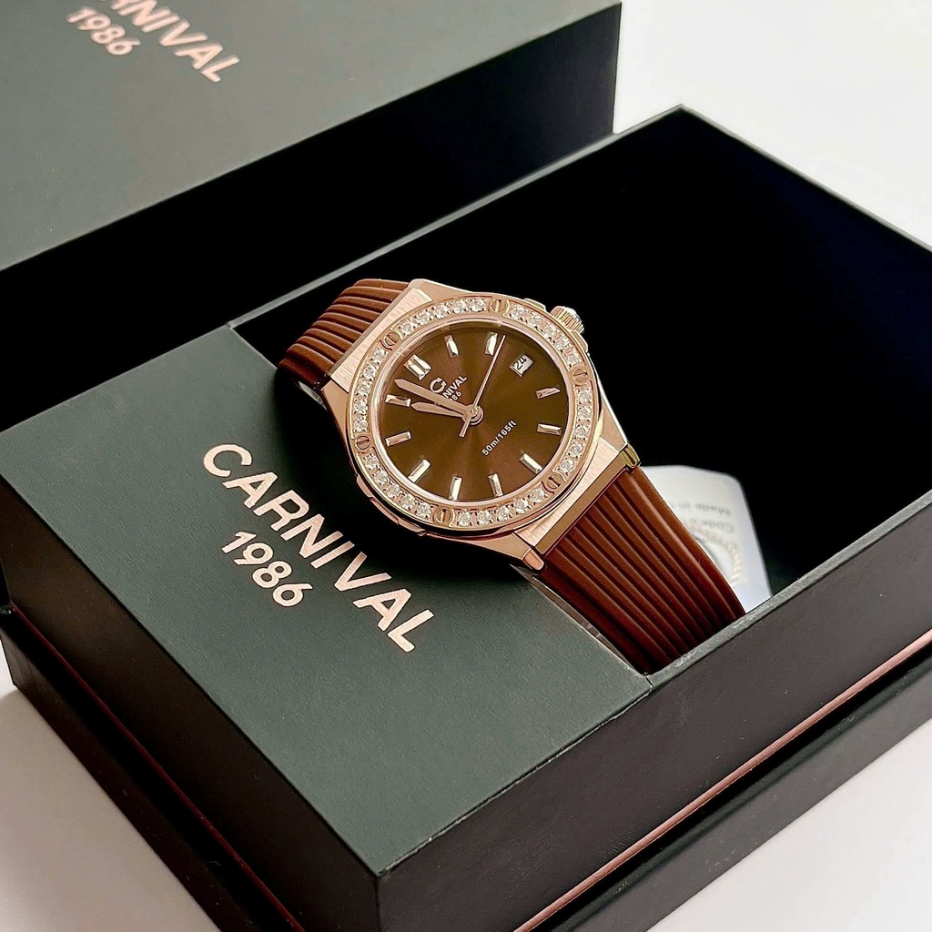 Đồng Hồ Nữ Carnival 8168L2 Dây Cao Su Nâu Đính Đá Rose Size 34mm Quartz 8168L2 VH-DCS-N