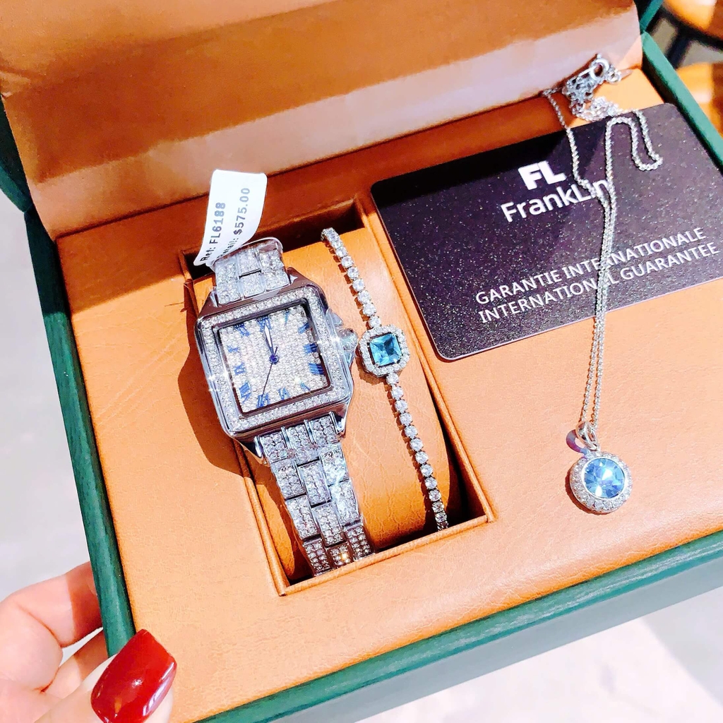 Đồng Hồ Nữ Franklin Đính Đá Chính Hãng Mặt Vuông Size 34mm Kim Xanh Quartz FL6188