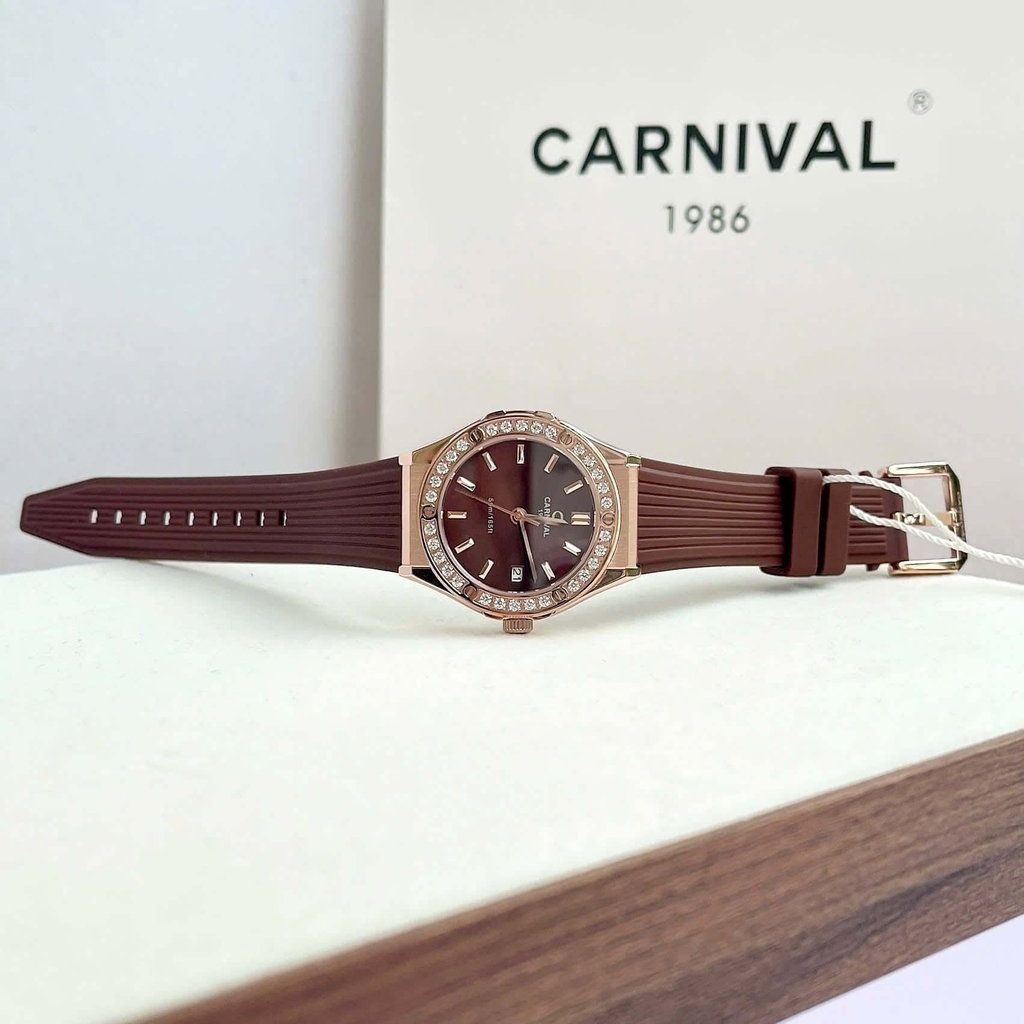 Đồng Hồ Nữ Carnival 8168L2 Dây Cao Su Nâu Đính Đá Rose Size 34mm Quartz 8168L2 VH-DCS-N
