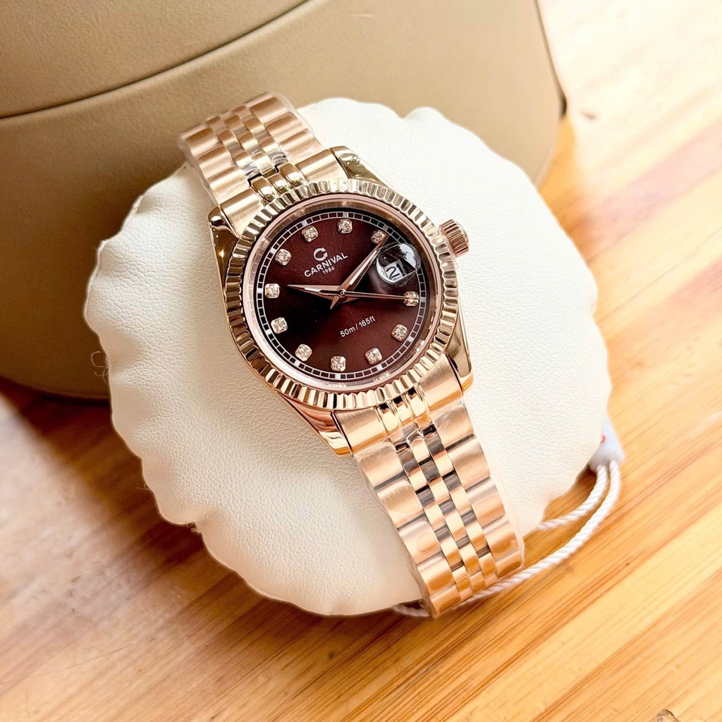Đồng Hồ Nữ Carnival 8131L-VH-N Dây Thép Vàng Hồng Mặt Nâu Size 30mm Quartz Japan