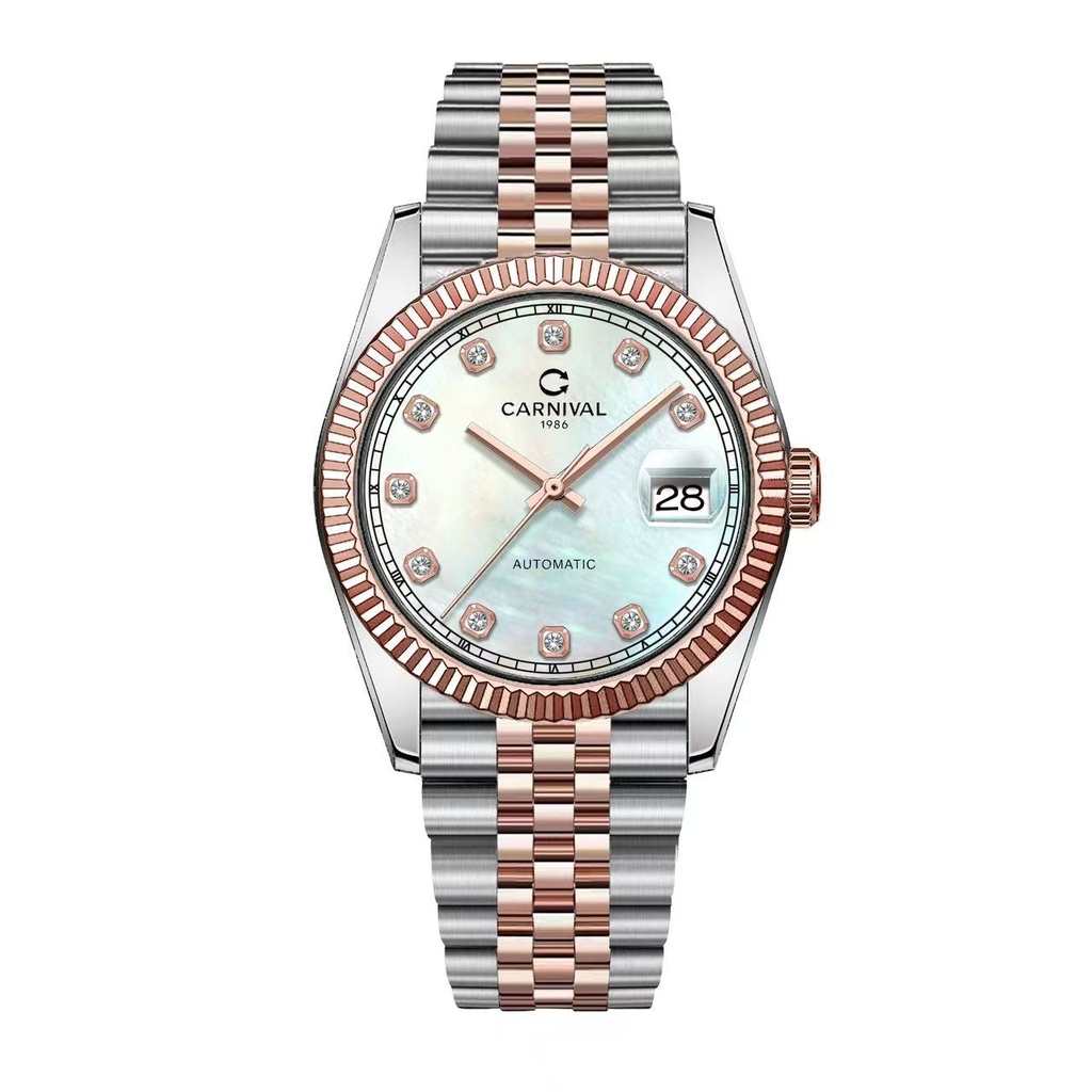 Đồng Hồ Nam Carnival 8250G-CH-TK Automatic Dây Demi Vàng Hồng Mặt Xà Cừ Trắng Size 38mm