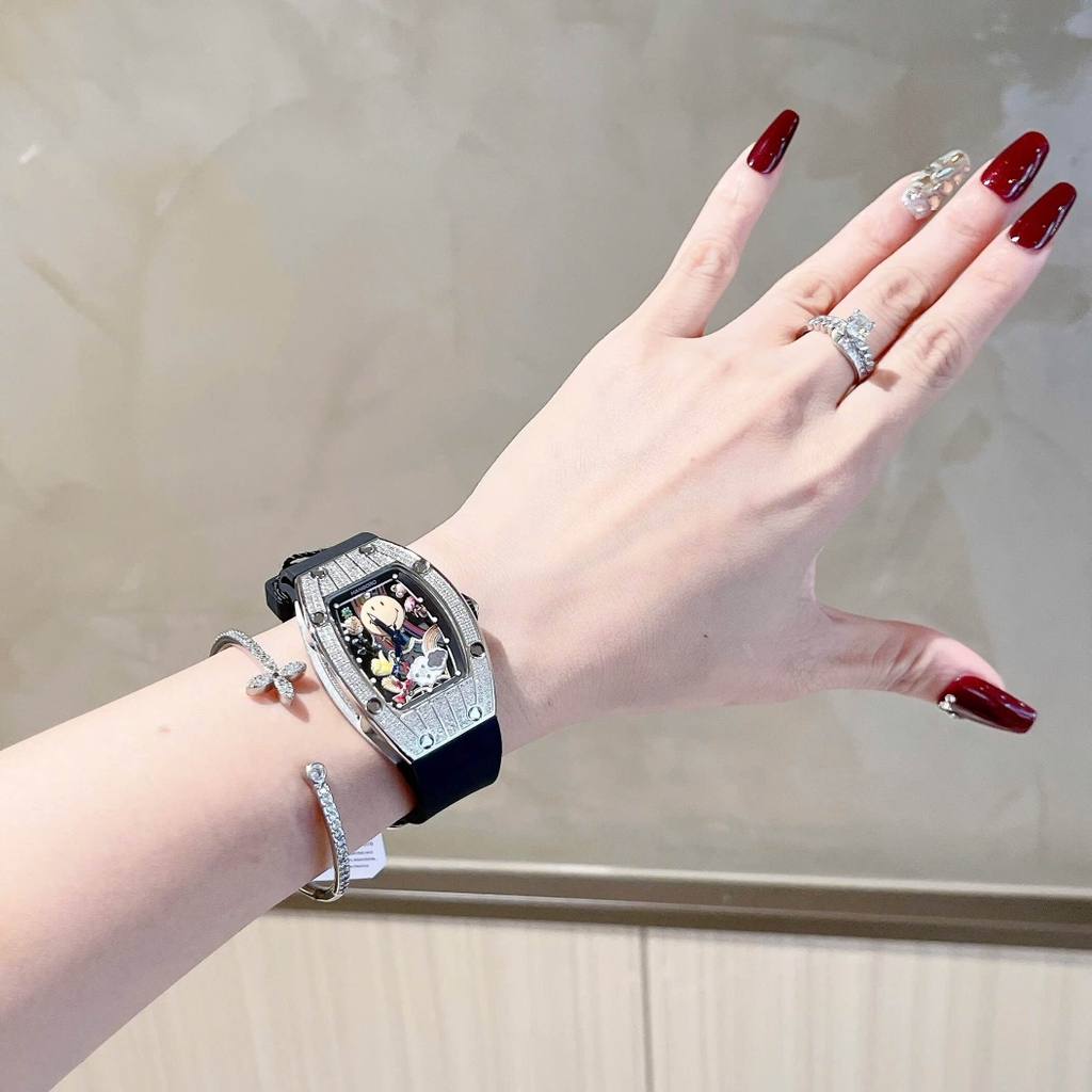 Đồng Hồ Nữ Hanboro Mặt Cười Dây Cao Su Đen Chính Hãng Đính Đá Silver Mặt Size 36mm Quartz