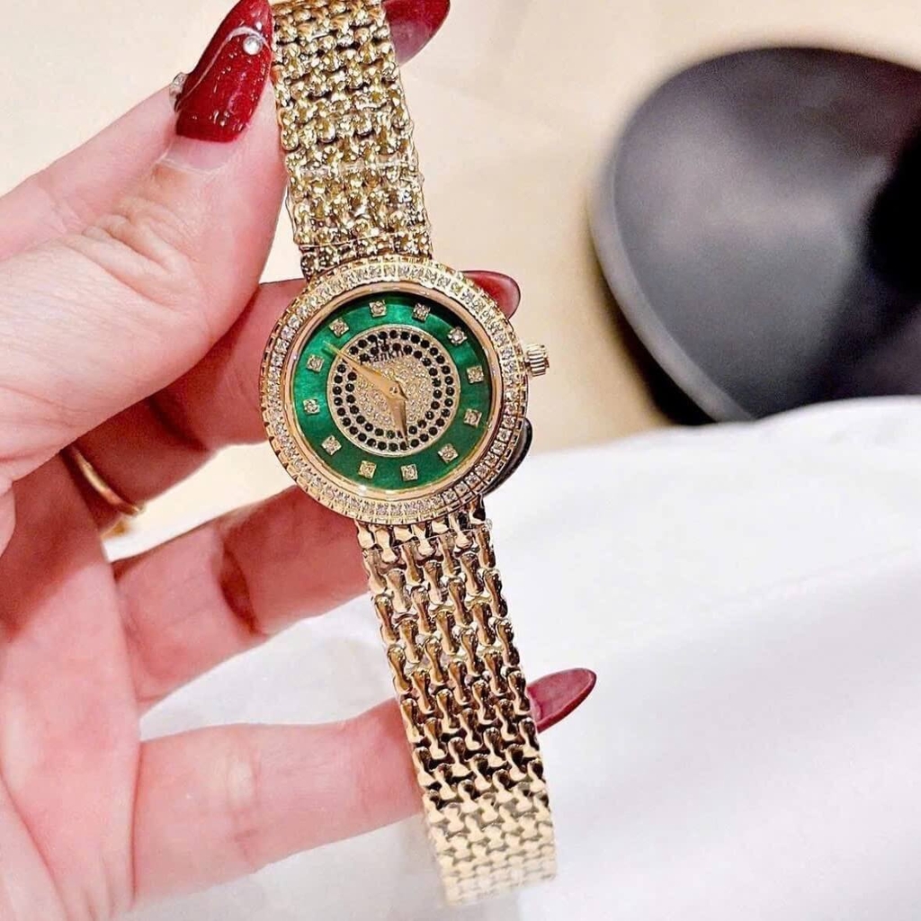 Đồng Hồ Nữ Franklin FL5688 Chính Hãng Dây Thép Vàng Gold Mặt Xanh Lá Size 29mm Viền Đá Tặng Kèm Lắc Tay