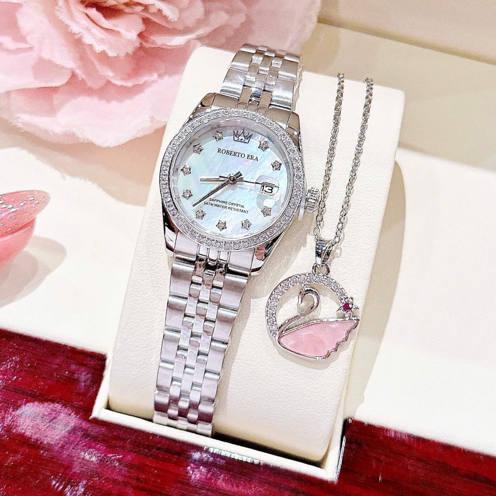 Đồng Hồ Nữ Roberto Era Dây Thép Silver Mặt Xà Cừ Trắng Viền Đá Size 28mm Roberto Era RE120