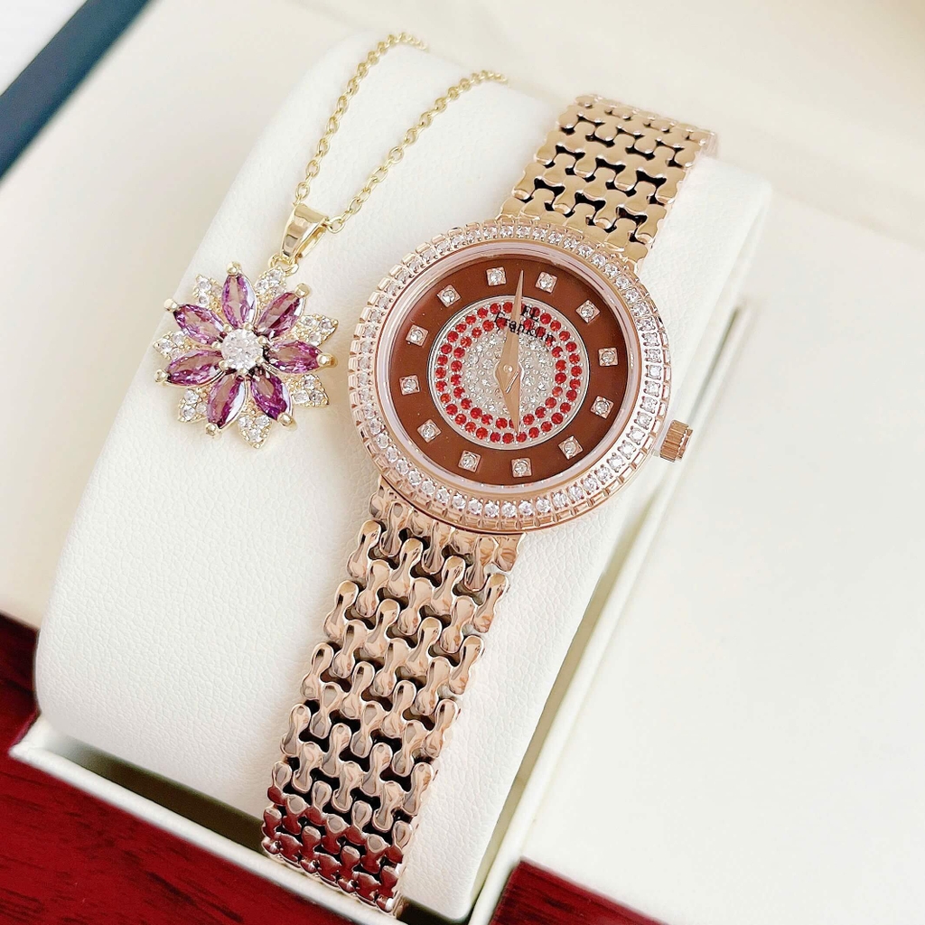 Đồng Hồ Nữ Franklin FL5688 Chính Hãng Dây Thép Vàng Hồng Mặt Nâu Size 29mm Viền Đá Tặng Kèm Phụ Kiện