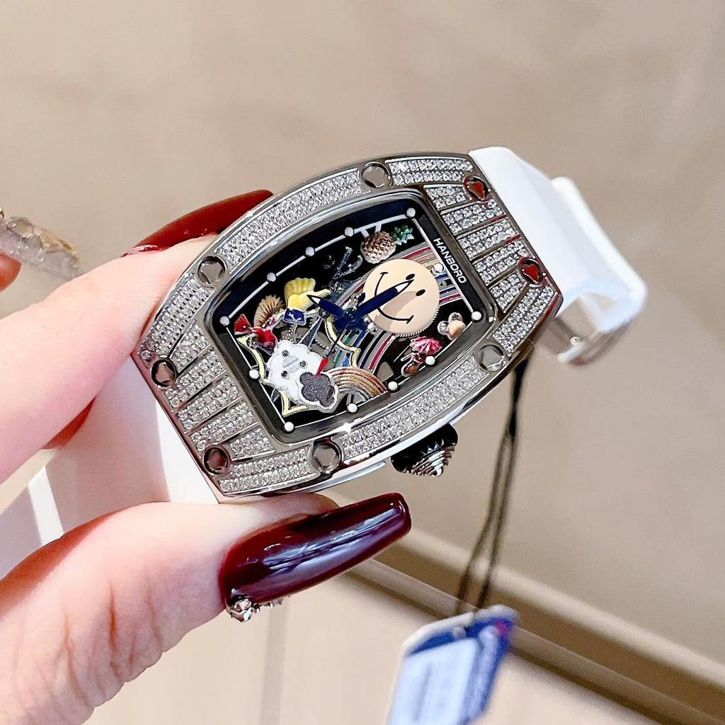 Đồng Hồ Nữ Hanboro Mặt Cười Dây Cao Su Trắng Chính Hãng Đính Đá Silver Mặt Size 36mm Quartz