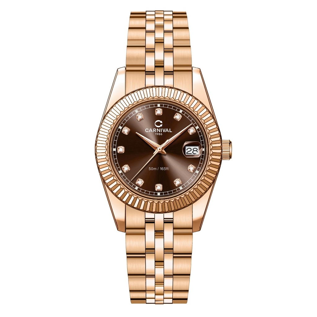 Đồng Hồ Nữ Carnival 8131L-VH-N Dây Thép Vàng Hồng Mặt Nâu Size 30mm Quartz Japan