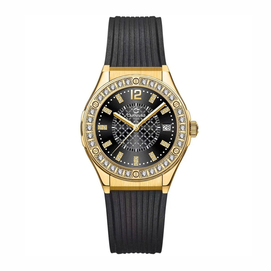 Đồng Hồ Nữ Carnival 8173L2 Dây Cao Su Đen Đính Đá Gold Size 34mm Quartz Japan Carnival 8173L2-VV-DCS-D