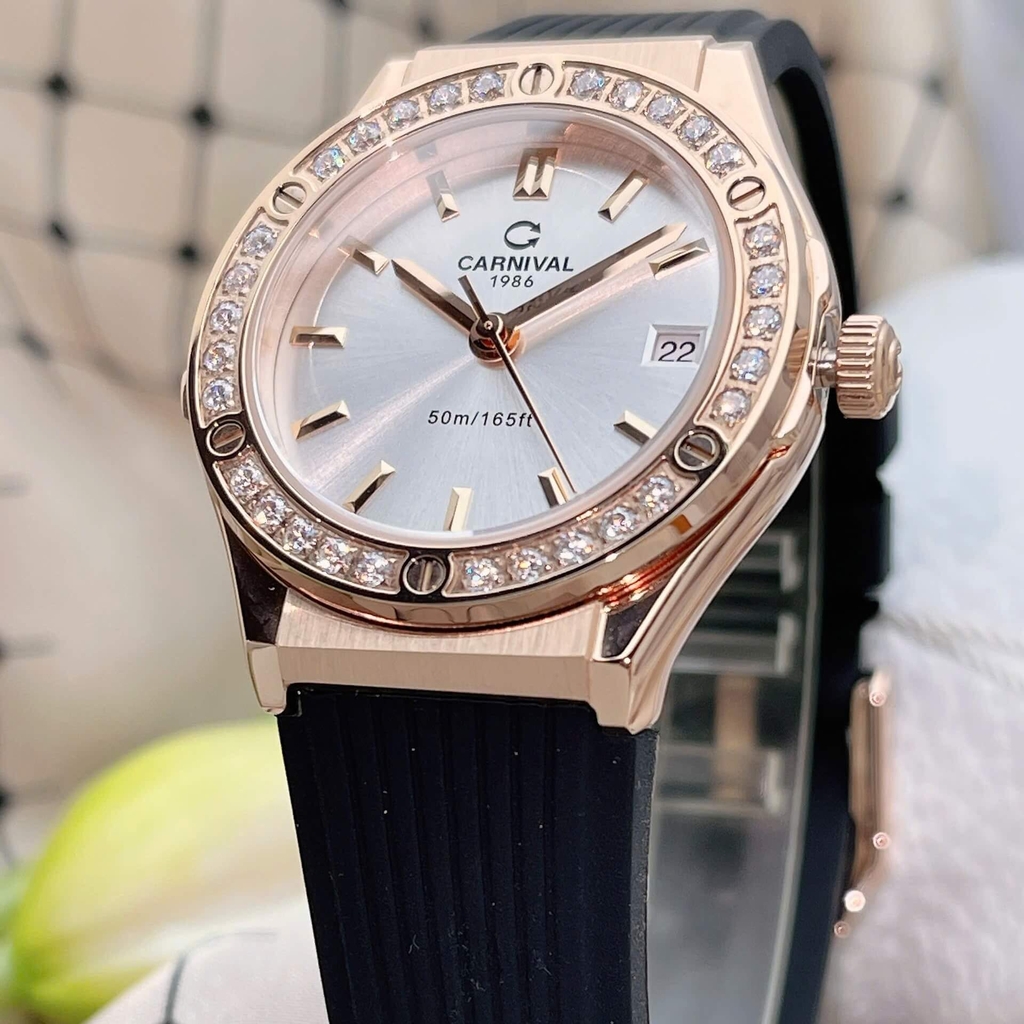 Đồng Hồ Nữ Carnival 8168L2 Dây Cao Su Đen Mặt Trắng Đính Đá Rose Size 34mm Quartz 8168L2 VH-DCS-T