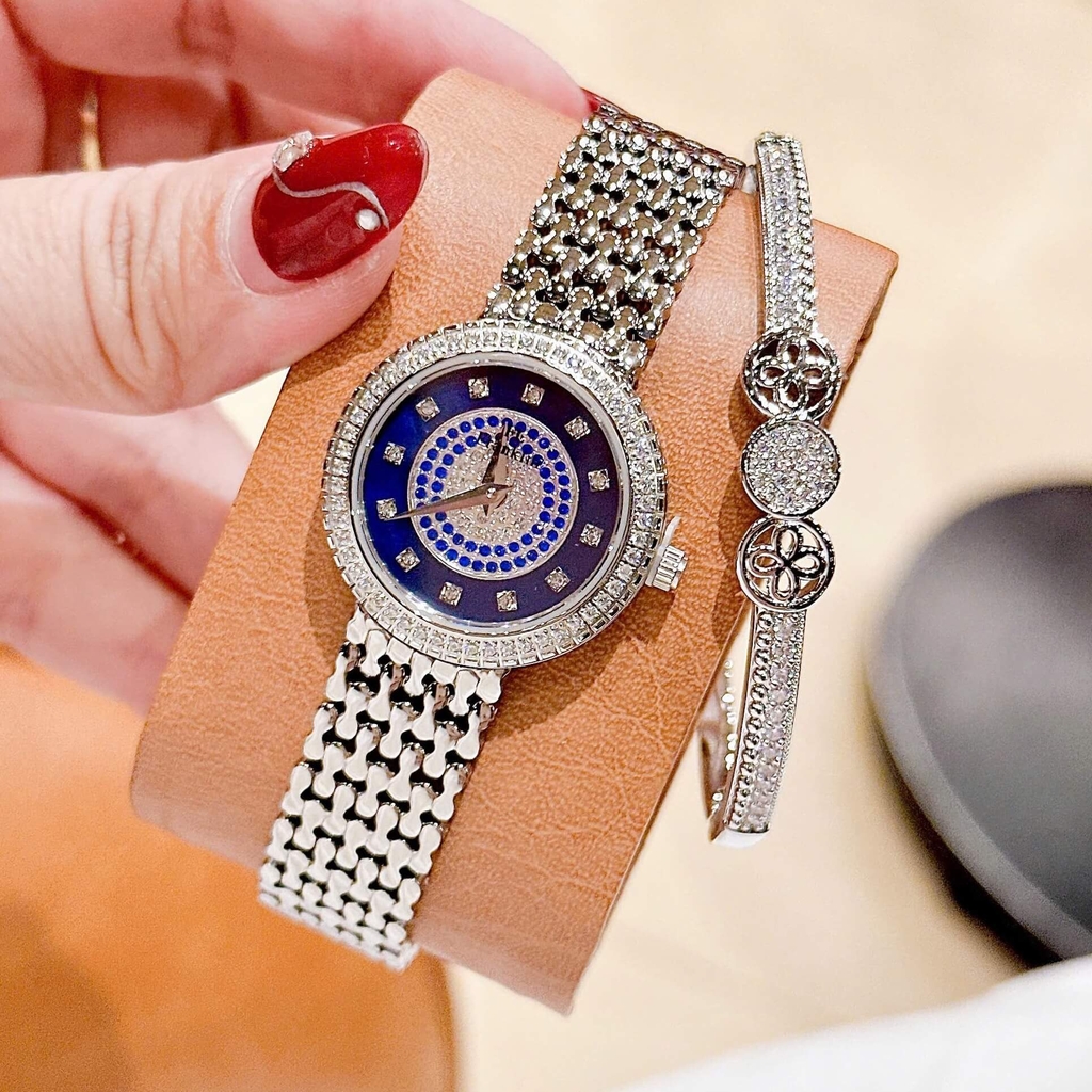 Đồng Hồ Nữ Franklin FL5688 Chính Hãng Dây Thép Silver Mặt Xanh Size 29mm Viền Đá Tặng Kèm Lắc Tay