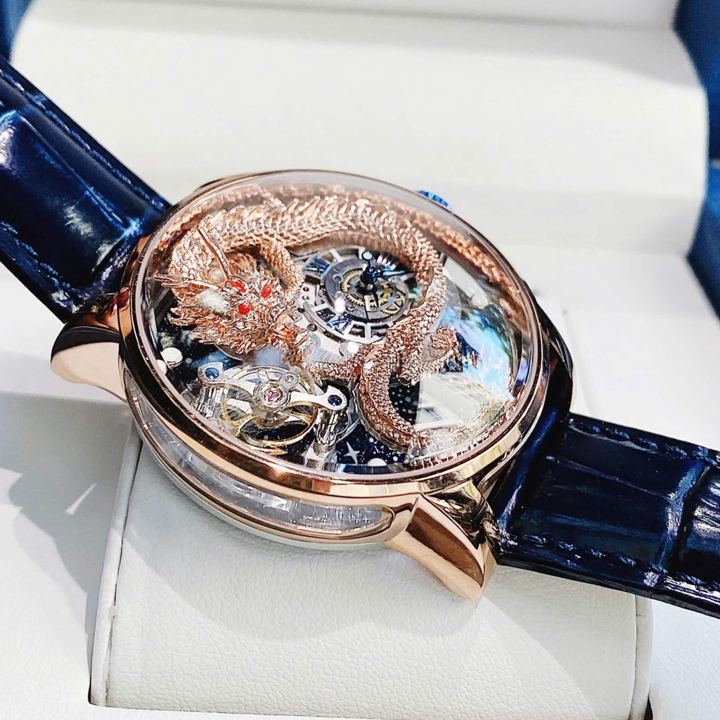 Đồng Hồ Nam Hanboro Automatic Dây Da Xanh Đậm Vỏ Rose Gold Mặt Rồng Size 44mm HBR1018