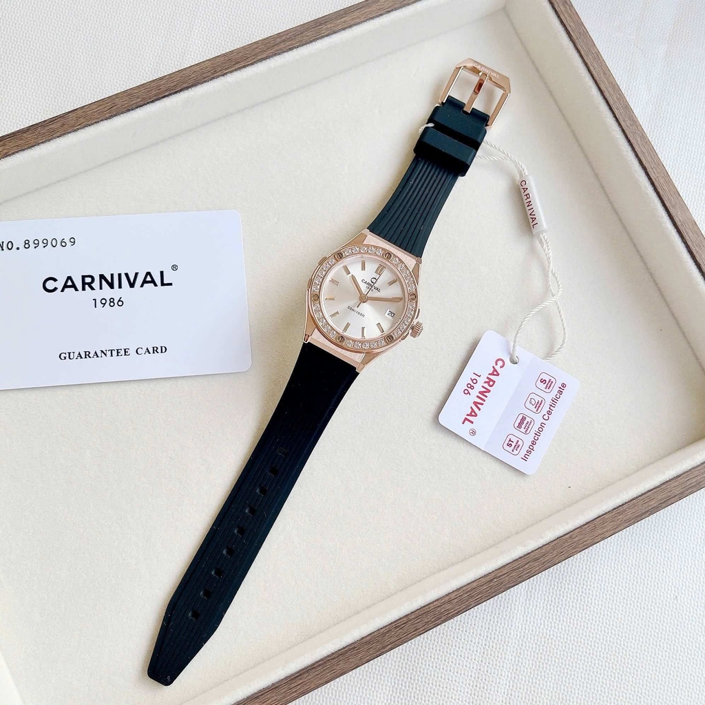 Đồng Hồ Nữ Carnival 8168L2 Dây Cao Su Đen Mặt Trắng Đính Đá Rose Size 34mm Quartz 8168L2 VH-DCS-T