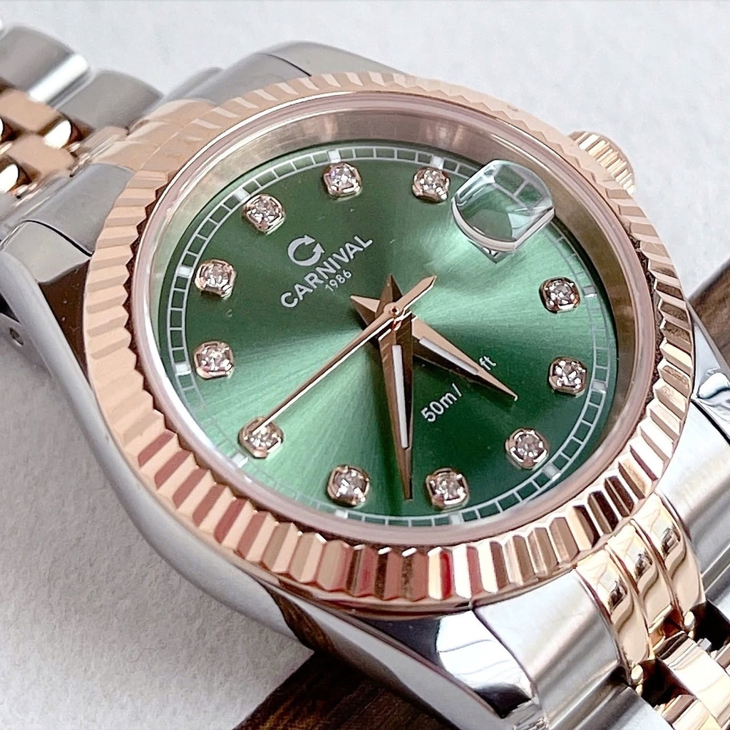 Đồng Hồ Nữ Carnival 8131L-CH-XL Demi Vàng Hồng Mặt Xanh Lá Size 30mm Quartz Japan
