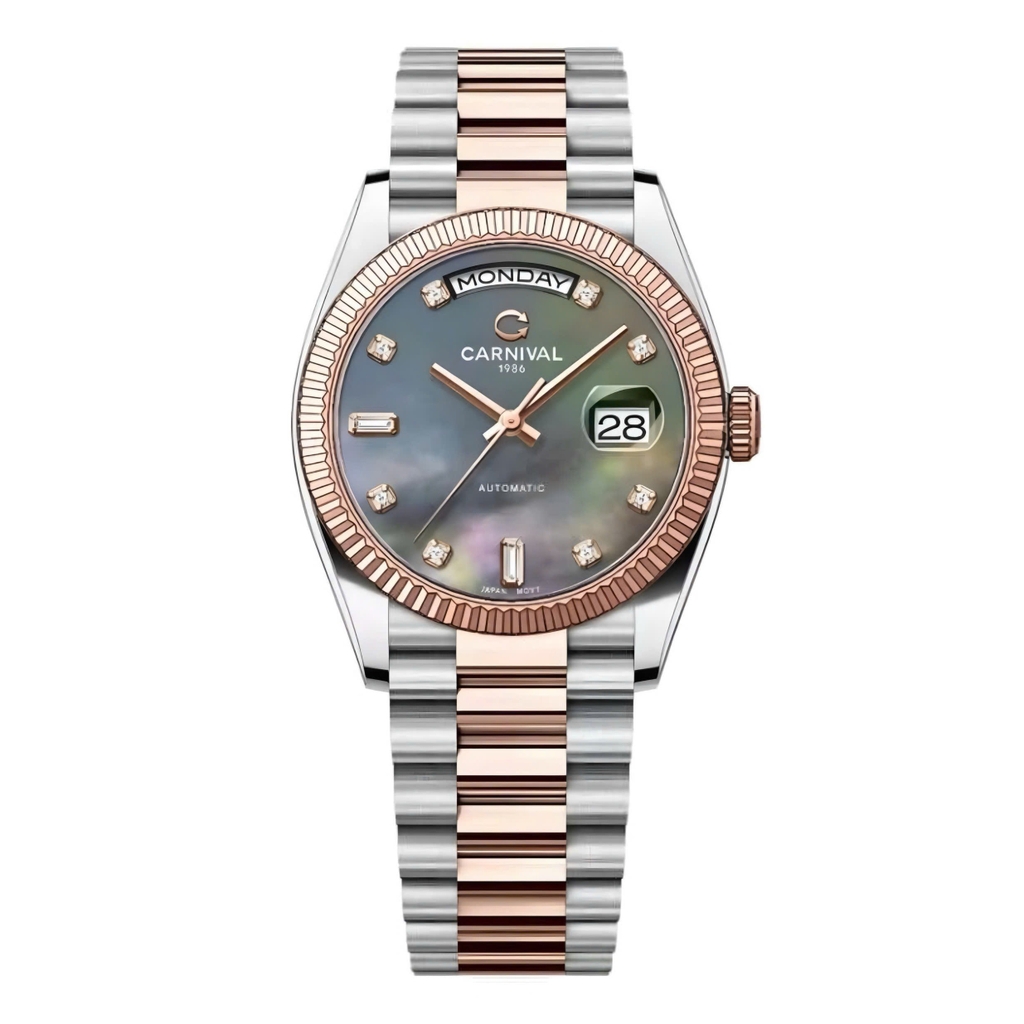 Đồng Hồ Nam Carnival 8239G-CH-DK Automatic Demi Vàng Hồng Mặt Xà Cừ Xám Size 38mm Chính Hãng