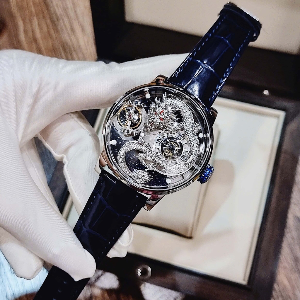 Đồng Hồ Nam Hanboro Automatic Dây Da Xanh Đậm Vỏ Silver Mặt Rồng Size 44mm HBR1018