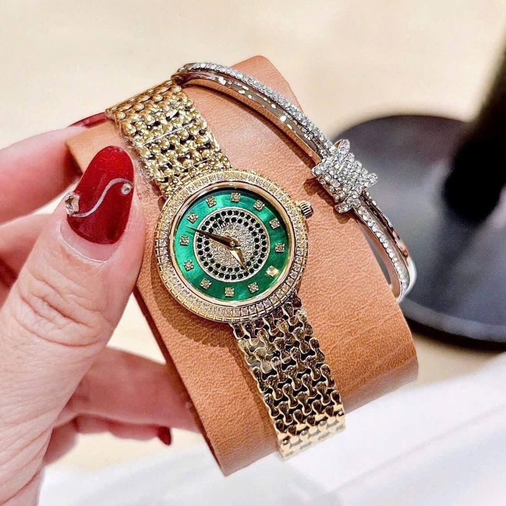 Đồng Hồ Nữ Franklin FL5688 Chính Hãng Dây Thép Vàng Gold Mặt Xanh Lá Size 29mm Viền Đá Tặng Kèm Lắc Tay