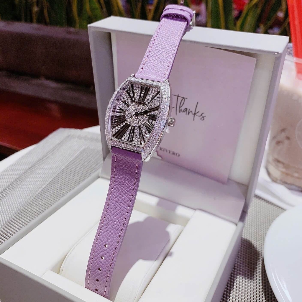 Đồng Hồ Nữ Rivero Dây Da Tím Mặt Oval Đính Đá Size 32mm Quartz Japan Chính Hãng