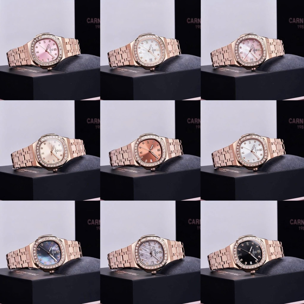 Đồng Hồ Nữ Carnival 8160L2-VH-DO Vàng Hồng Mặt Đỏ Viền Đá Size 34mm Sapphire