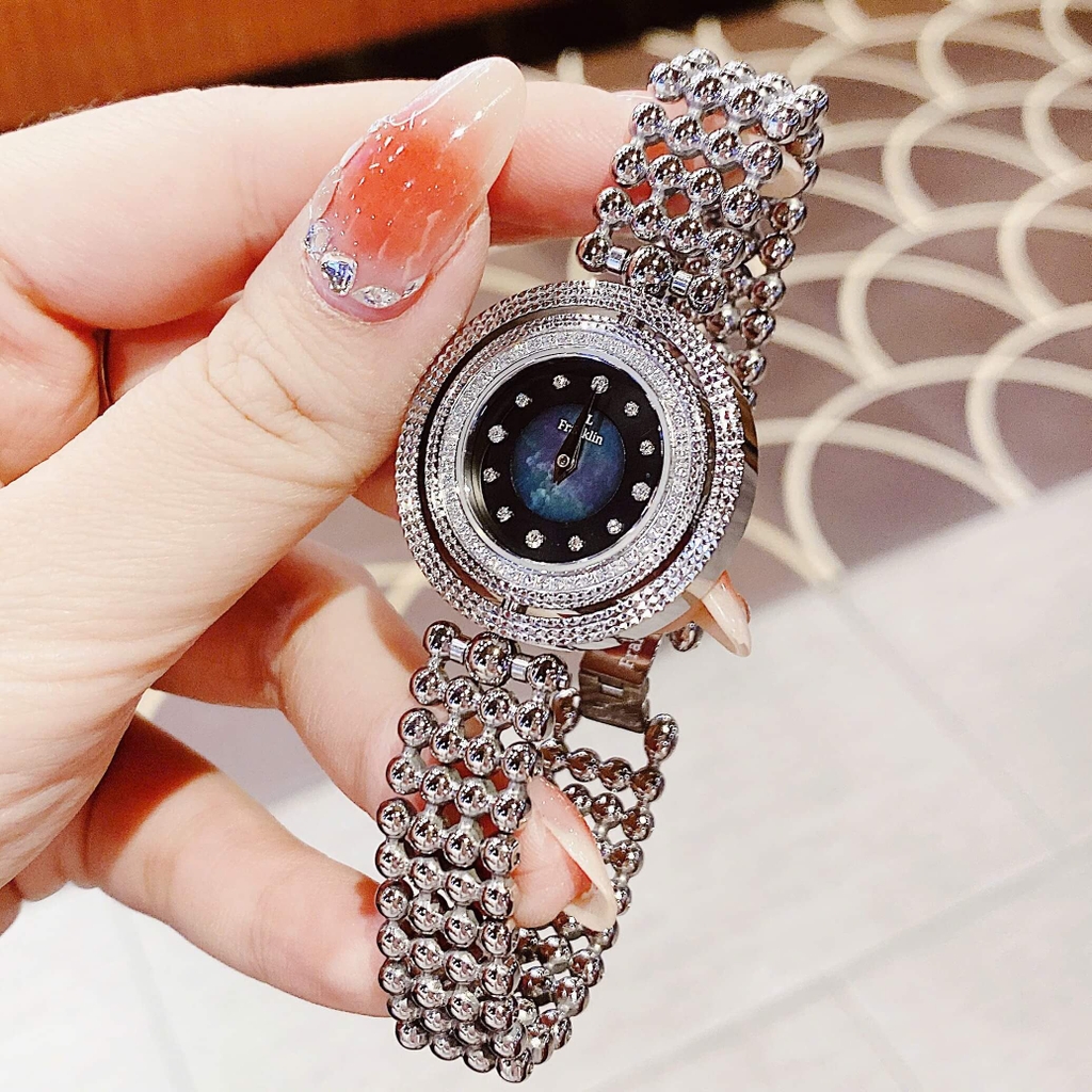 Đồng Hồ Nữ Franklin Dây Thép Silver Mặt Xà Cừ Đen Xoay 360 Độ Size 32mm FL5488 Tặng Kèm Vòng Tay
