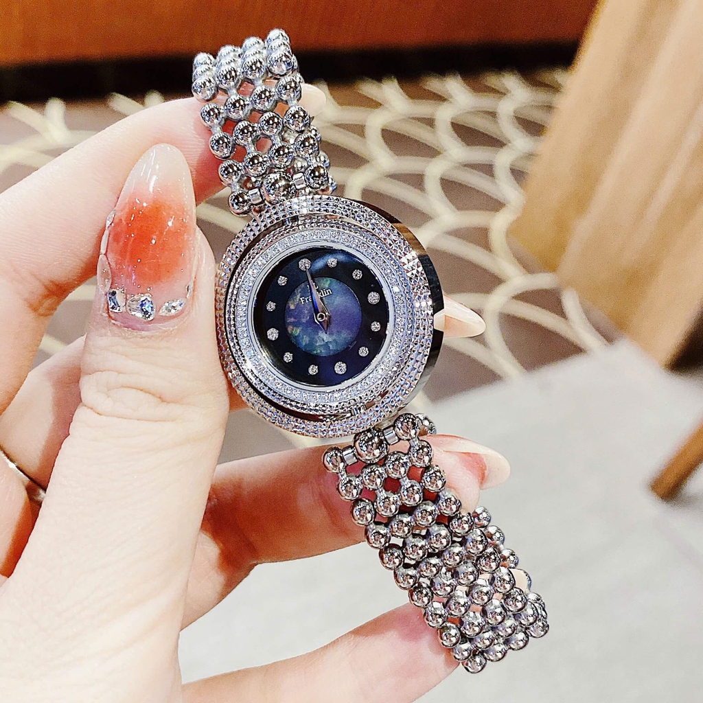 Đồng Hồ Nữ Franklin Dây Thép Silver Mặt Xà Cừ Đen Xoay 360 Độ Size 32mm FL5488 Tặng Kèm Vòng Tay