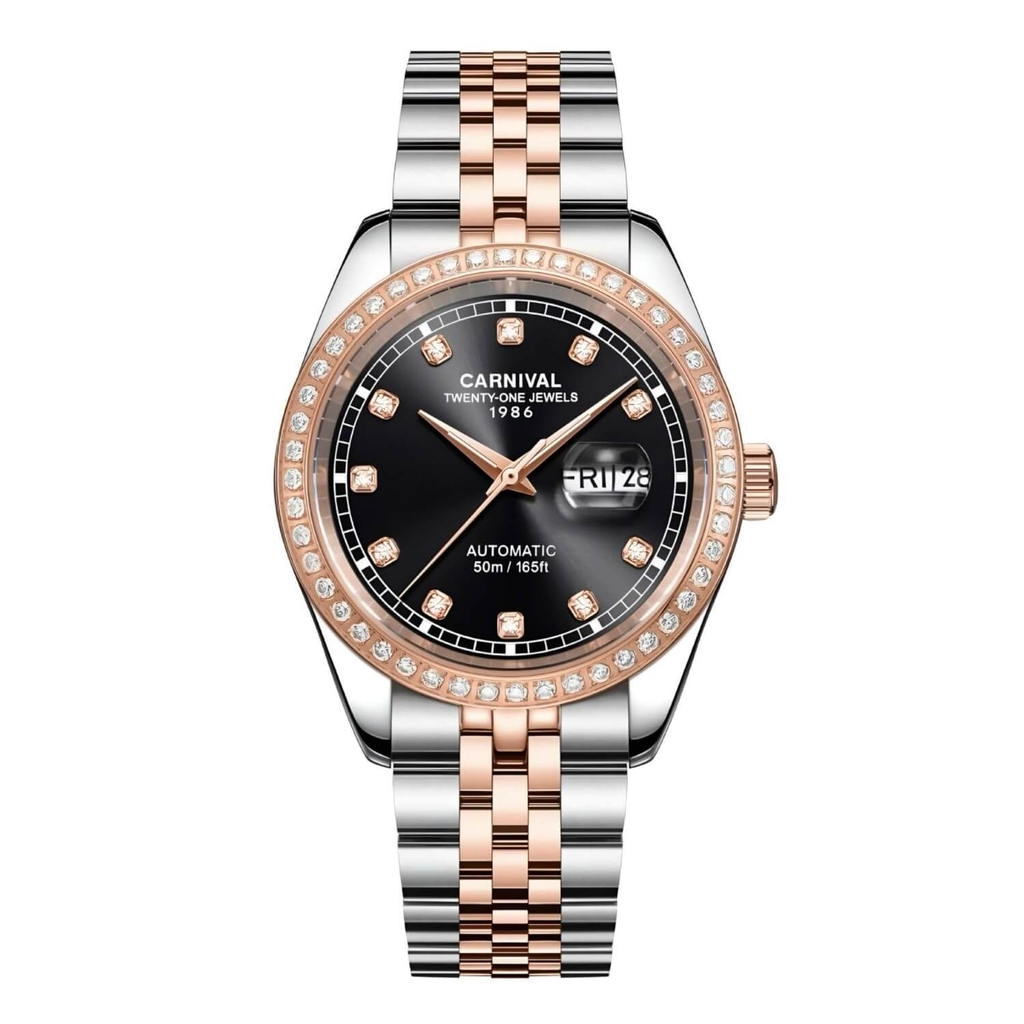 Đồng Hồ Nam Carnival 8131G2-CH-D Automatic Dây Thép Demi Vàng Hồng Mặt Đen Size 40mm