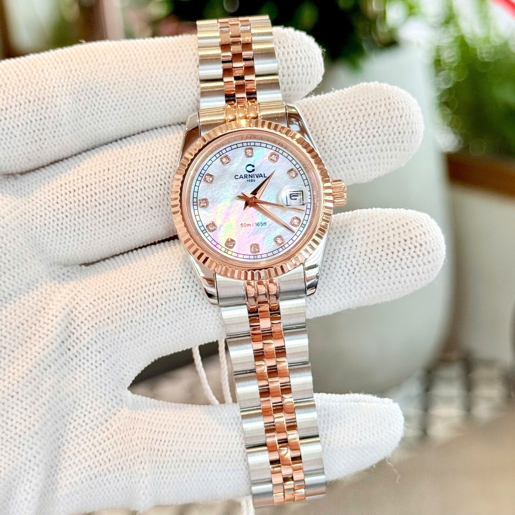 Đồng Hồ Nữ Carnival 8131L-CH-TK Demi Vàng Hồng Mặt Xà Cừ Trắng Size 30mm Quartz Japan