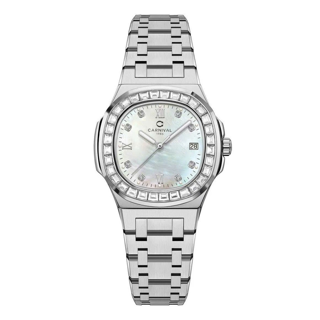 Đồng Hồ Nữ Carnival 8160L2-VT-TK Dây Thép Silver Mặt Xà Cừ Trắng Viền Đá Size 34mm Sapphire