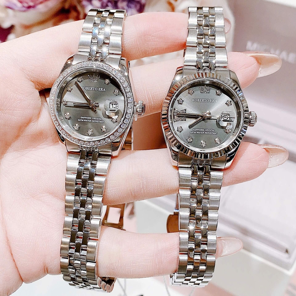 Đồng Hồ Nữ Roberto Era Dây Thép Silver Mặt Xám Viền Đá Size 28mm Roberto Era RE120