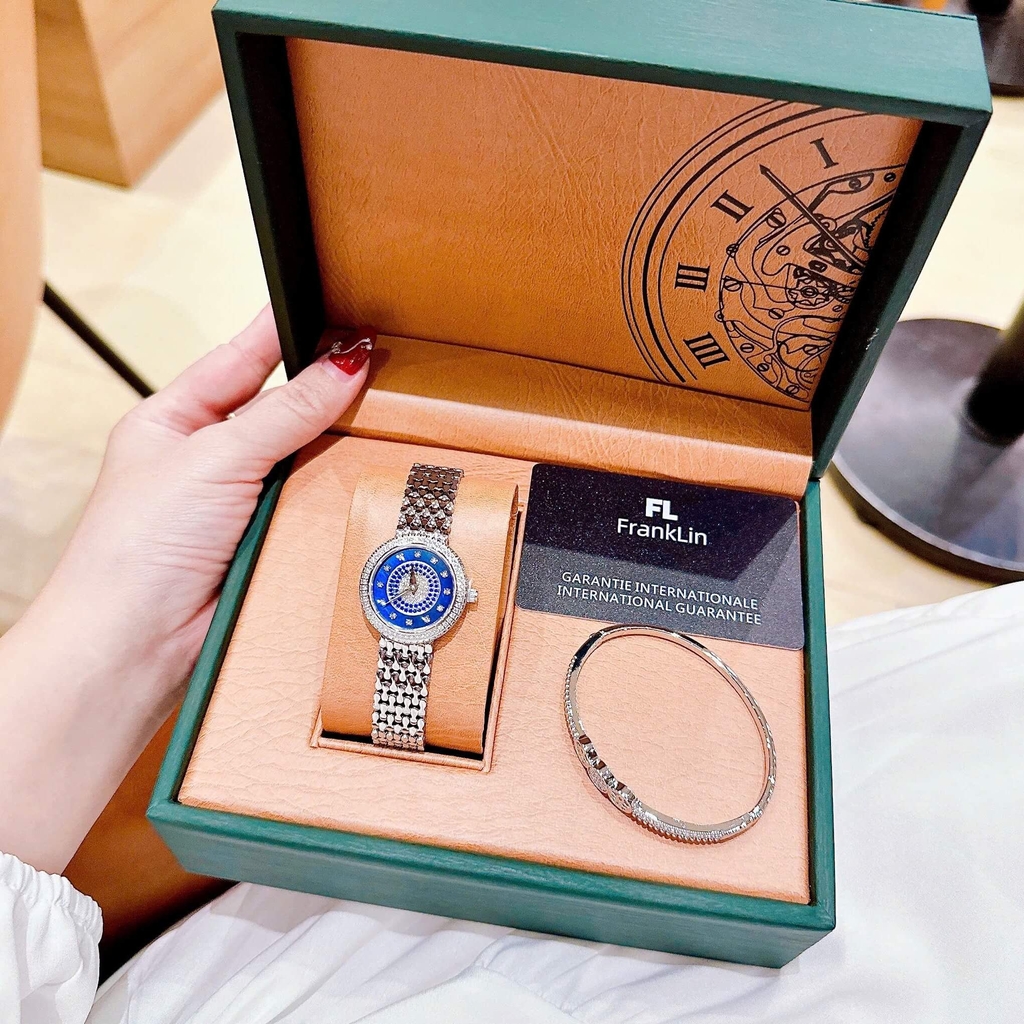 Đồng Hồ Nữ Franklin FL5688 Chính Hãng Dây Thép Silver Mặt Xanh Size 29mm Viền Đá Tặng Kèm Lắc Tay
