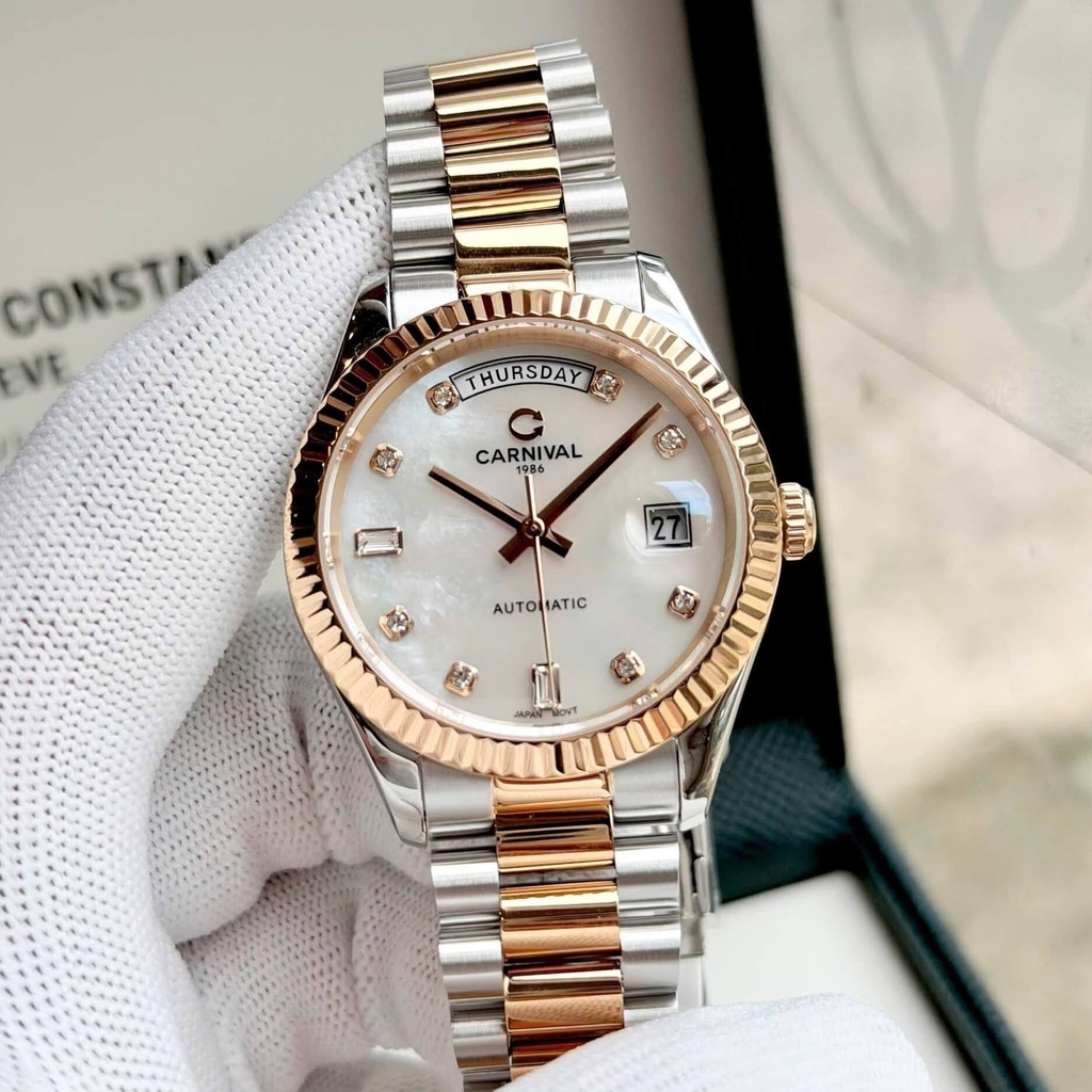 Đồng Hồ Nam Carnival 8239G-CH-TK Automatic Demi Vàng Hồng Mặt Xà Cừ Trắng Size 38mm Chính Hãng