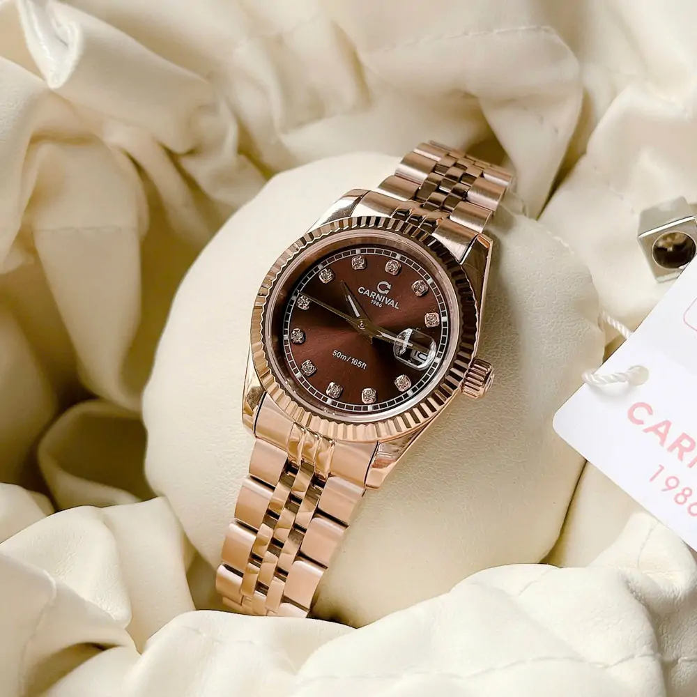Đồng Hồ Nữ Carnival 8131L-VH-N Dây Thép Vàng Hồng Mặt Nâu Size 30mm Quartz Japan
