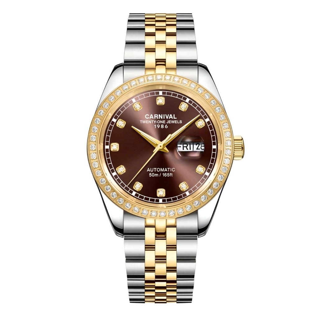 Đồng Hồ Nam Carnival 8131G2-CV-N Automatic Dây Thép Demi Vàng Mặt Nâu Size 40mm