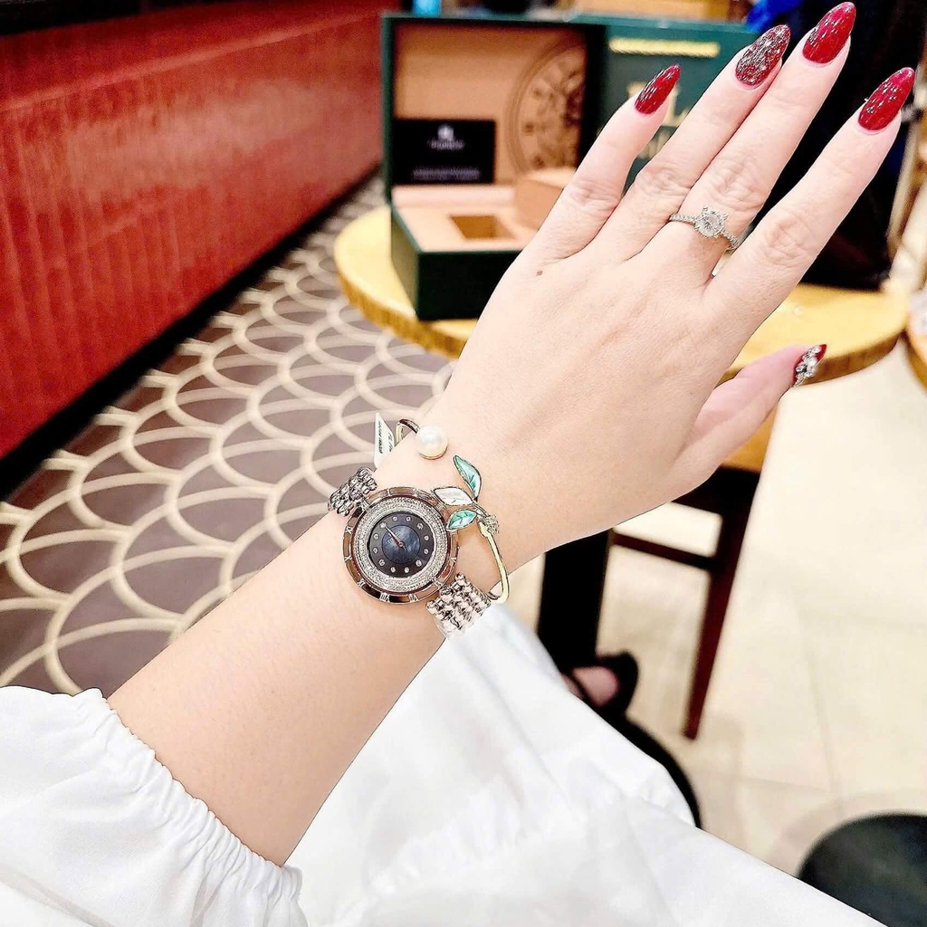 Đồng Hồ Nữ Franklin FL5488 Dây Thép Vàng Hồng Mặt Xà Cừ Đen Size 32mm Mặt Xoay 360 Độ